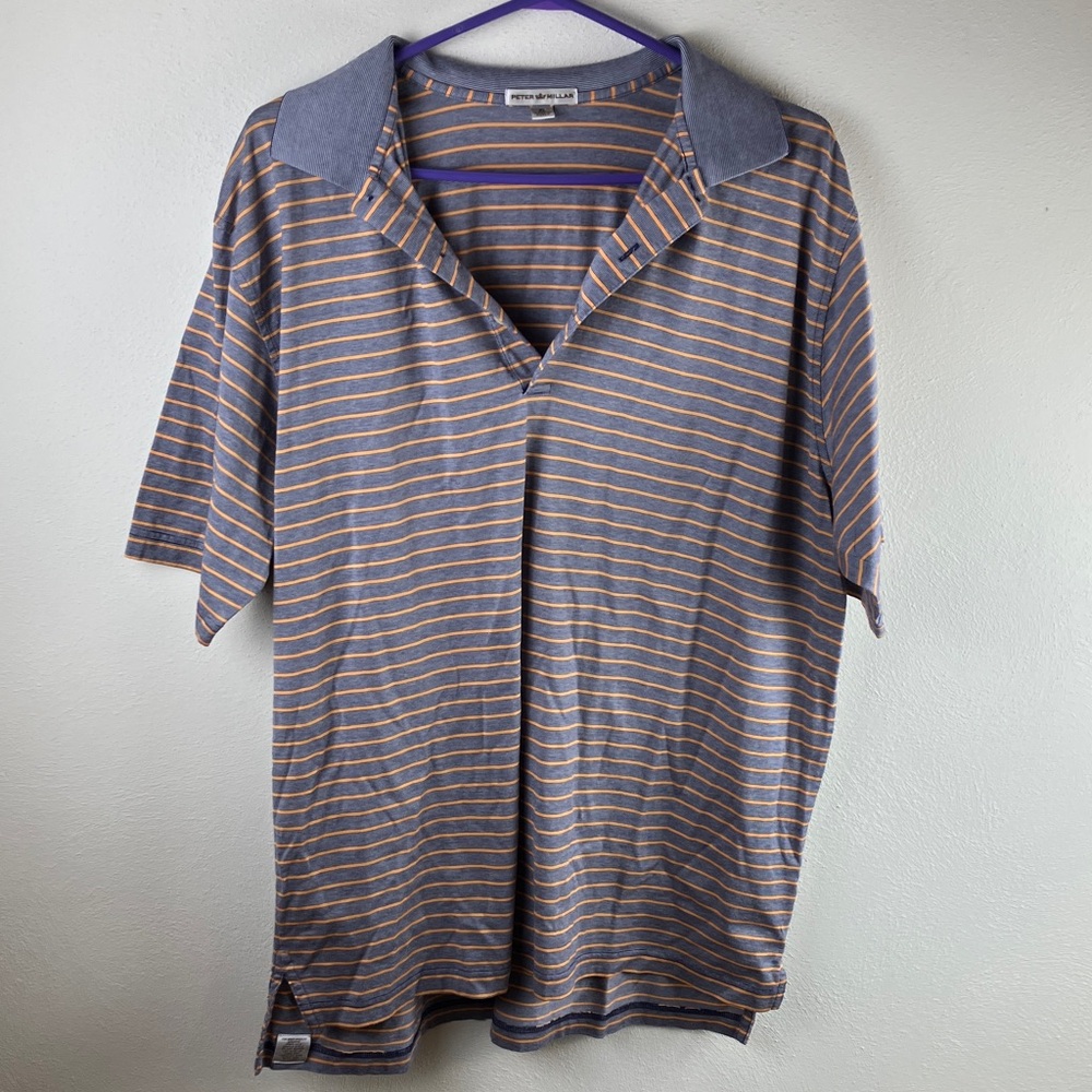 Peter Millar Men's Size XL Polo Shirt Orange Navy Stripe 100% Cotton